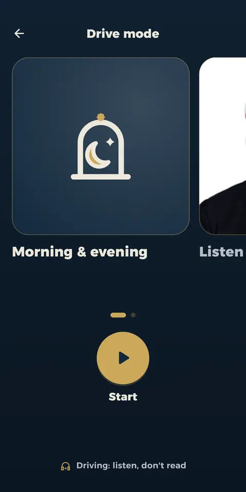 Animated demo from real app screens: Quran or azkar، Set up before you drive، A big button and a clear clock، For passengers: large ayahs، Hands-free azkar